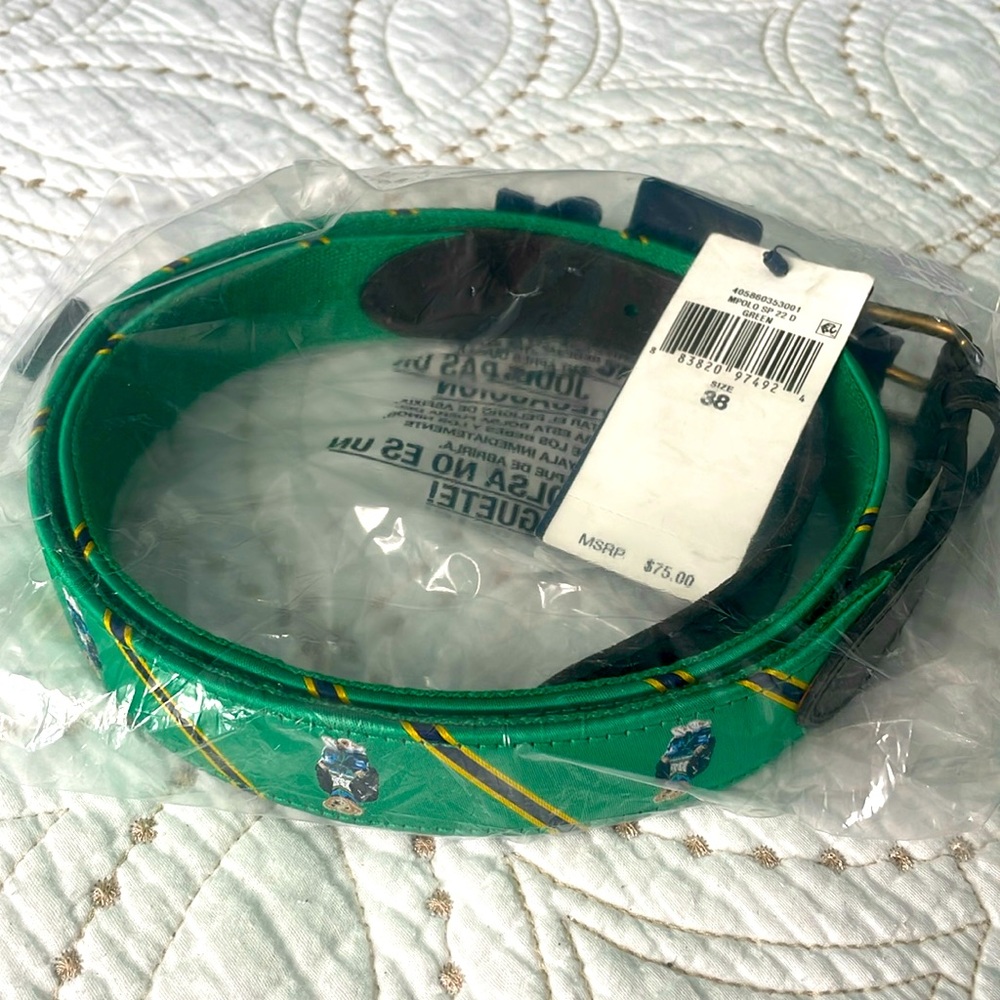 Polo by Ralph Lauren Green Embroidered Crest Belt with Yellow/Blue Stripes